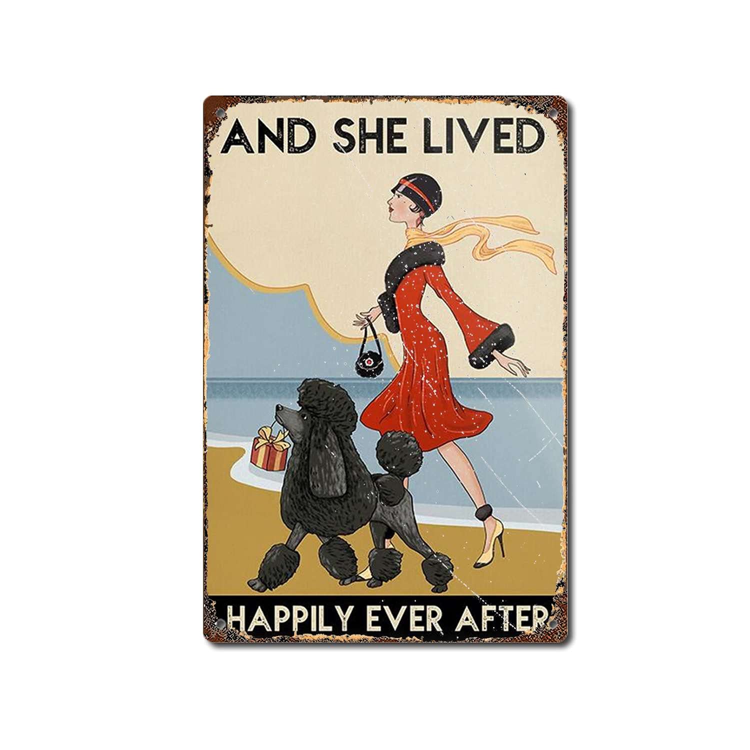 Tritxiy Retro Gift For Black Poodle Lovers And She Lived Happily Coffee Shop Wall Art Dog, Home Decor Metal Sign Tin Sign Plaque Poster Cafe Wall Art Gift-12X16inch(30X40cm)