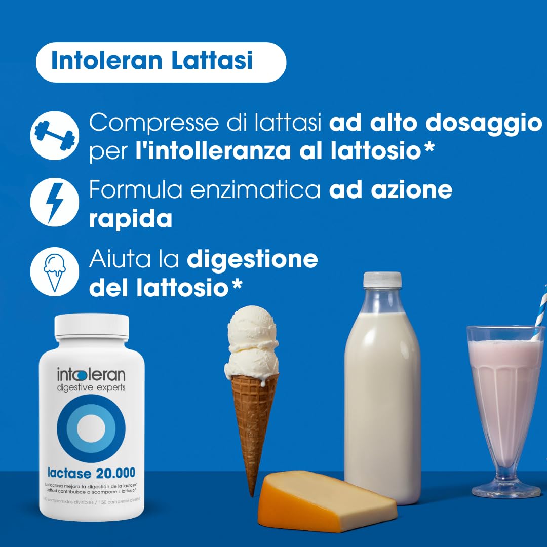 Intoleran Lattasi 20.000 Enzima Digestivo - 150 Compresse divisibili | Enzima Lattasi per l'Intolleranza al Lattosio, Dose più alta, Vegano, Low FODMAP