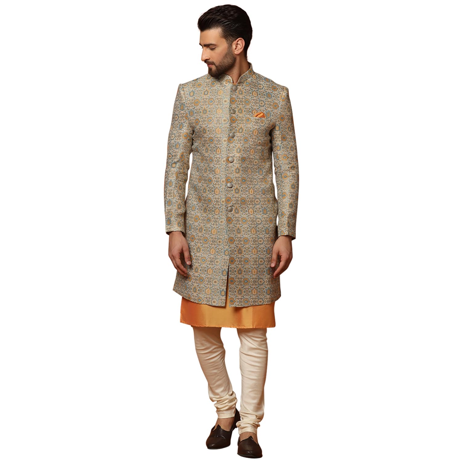 kisah Men's Silver and Orange Indo-Western Kurta Sherwani Churidar Set Cotton Full Sleaves, Knee Length, Straight, Regular Fit, Mandarin Collar Ethnic wear, 36-picture-27