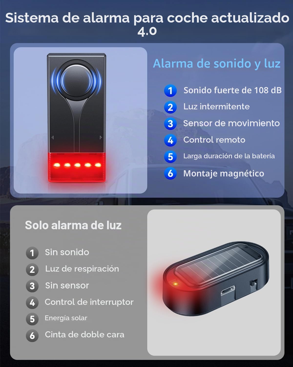 Sistema de alarma de coche de 108 dB, alarma antirrobo con sensor de vibración y alarma de luz roja, dispositivo remoto inalámbrico antirrobo con diseño de instalación magnética para coche, camión (2