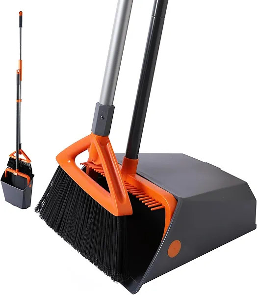 CLEANHOME Heavy Duty Outdoor Broom and Dustpan Set with Long Handle, Standing Dustpan & Split-End Bristles for Patio, Garage, Deck, Leaves Debris Cleaning