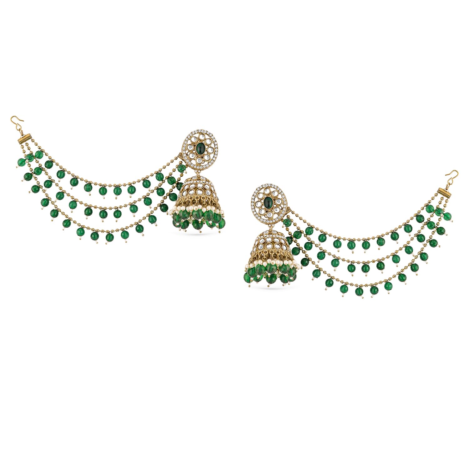 rubans Kan Chain Jhumka Earrings Green Kundan & Zirconia with Green Pearl Beads Jewellery Gifty for Women & Girls-picture-33