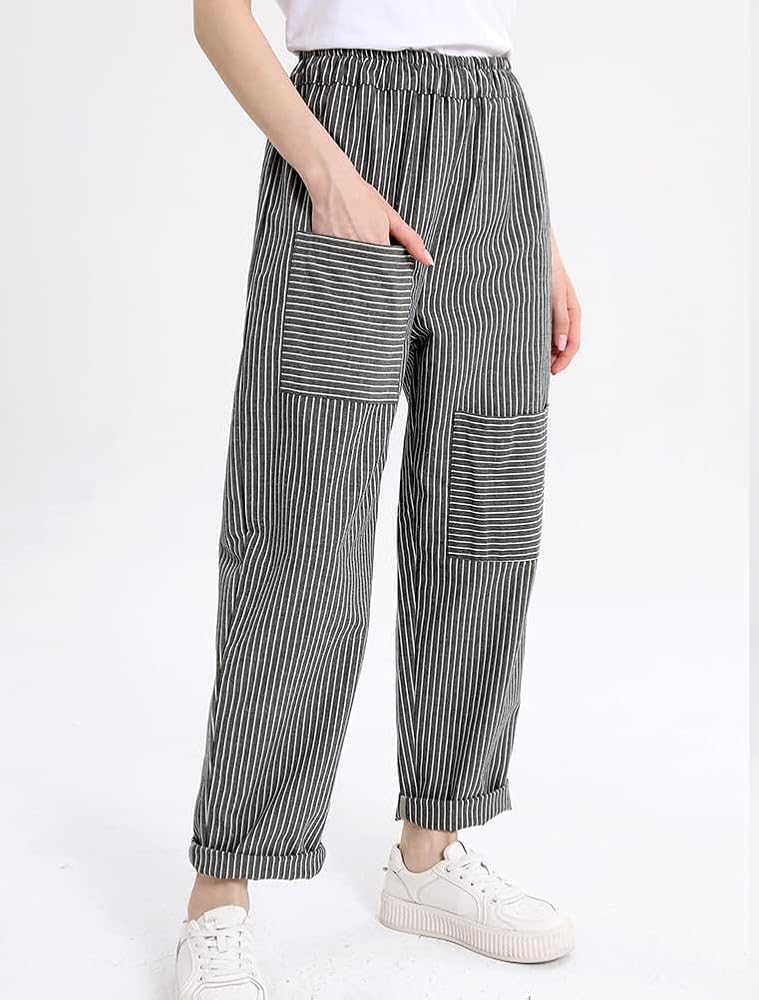 Minibee Women's Wide Leg Harem Pants Cotton Linen Striped Casual Minibee Women's Wide Leg Harem Pants Cotton Linen Striped Casual