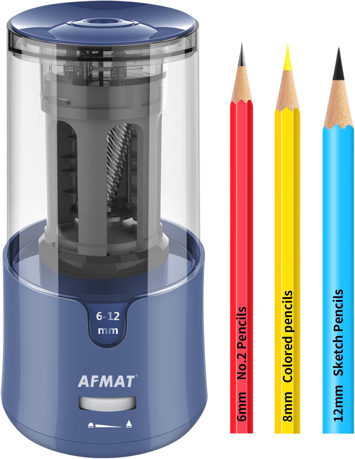 AFMAT Electric Pencil Sharpener for Colored Pencils, Auto Stop, Fast Sharpen in 3s, Large Hole Pencil Sharpener Plug in for 6-12mm No.2/Jumbo Pencils-Blue