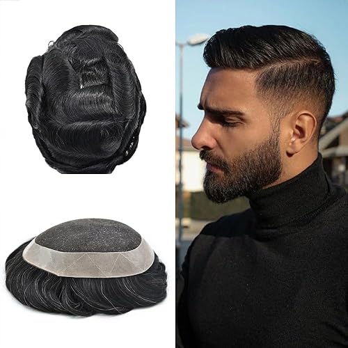 Miniatura 1 de Toupee para hombres, cabello humano real, pieza de pelo tipo tupé, sistema de reemplazo de cabello para hombres, piezas de cabello de encaje suizo