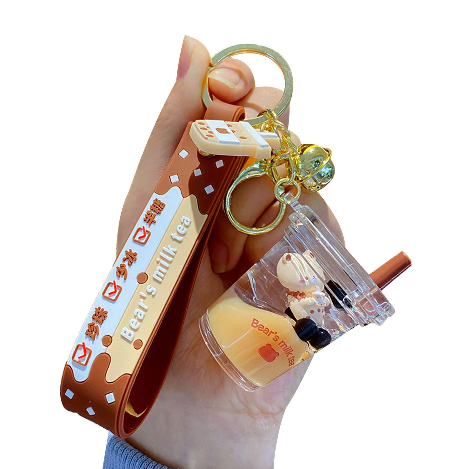 HSYHERE Men Women Creative Interesting Floating Milk Tea Brown Bear Lucky Bottle Keychain Keyrings