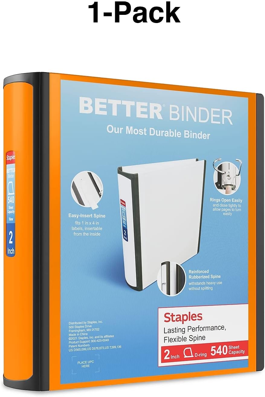 Staples 2‑Inch 3‑Ring Better Binder, Durable View Binder for Office & School Organization, Bright Orange, 2‑Pack
