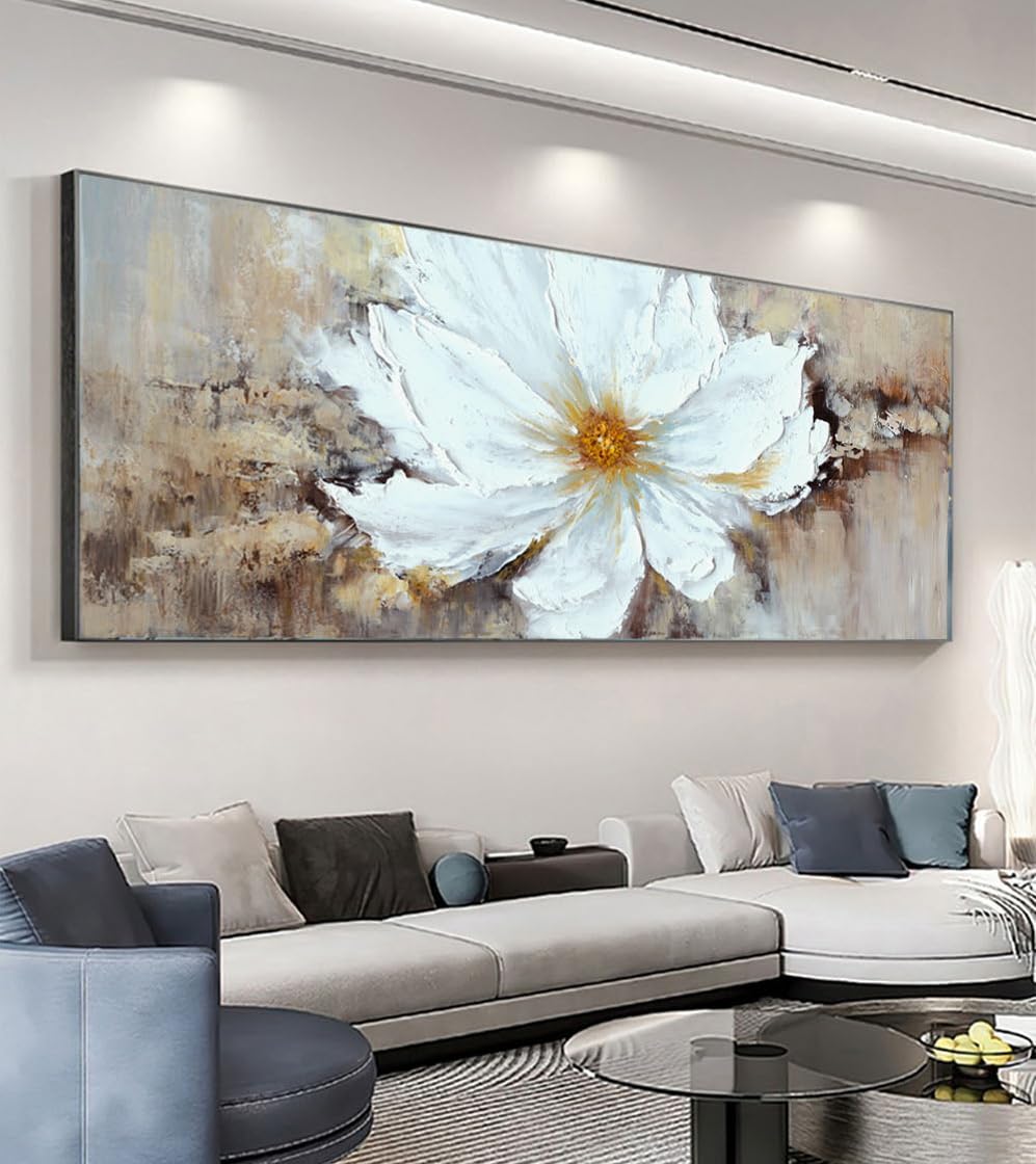 Hand-Painted White Flower Oil Painting for Bedroom,Large Floral Wall Art with Black Frame for Living Room,Modern Framed Wall Painting Home Decoration Ready To Hang 24x56 inches