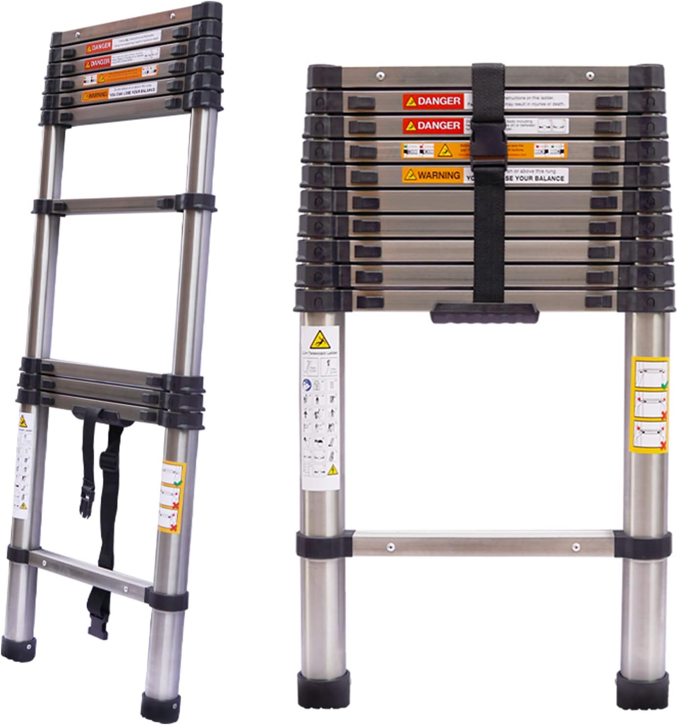 10.5FT Stainless Steel Telescoping Ladder Collapsible Extension Ladder Loft Ladder Heavy Duty Adjustable Height Safety Lock Non-Slip Bottom Caps for Home Use Roof RV Outdoor Activities 330lb Max Load