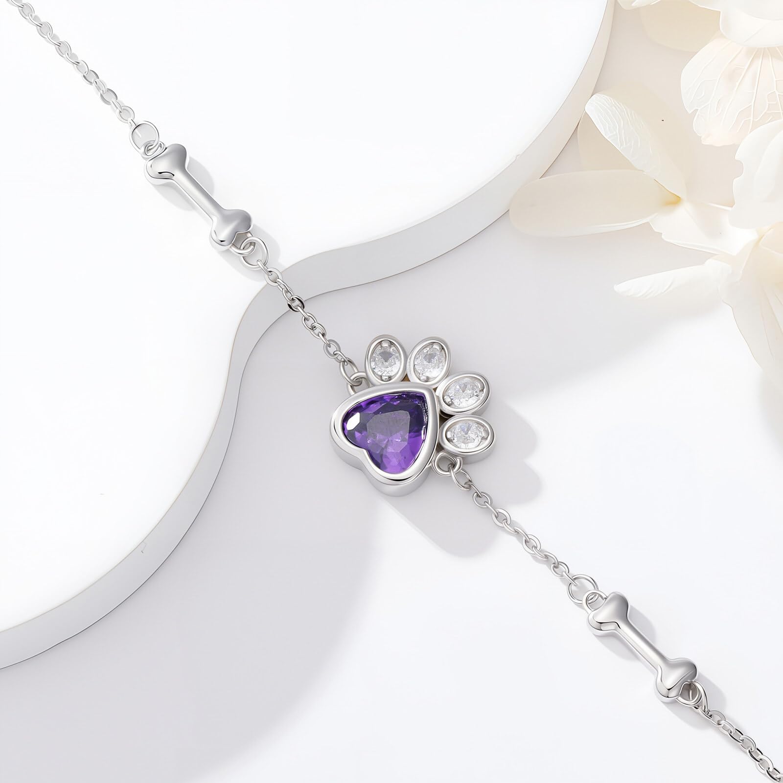 LONAGO Braccialetto per animali domestici, in argento Sterling 925, con zampa di cane, viola, con osso, Argento sterling, Zirconia cubica