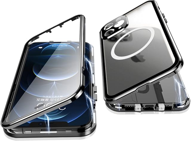 Jonwelsy Case for iPhone 12 Pro Max, 360 Degree Double-sided Protection Compatible with Magsafe Magnetic Adsorption Metal Bumper Front Tempered Glass Back Frosted PC Cover for 12 Pro Max 6.7" (Black)
