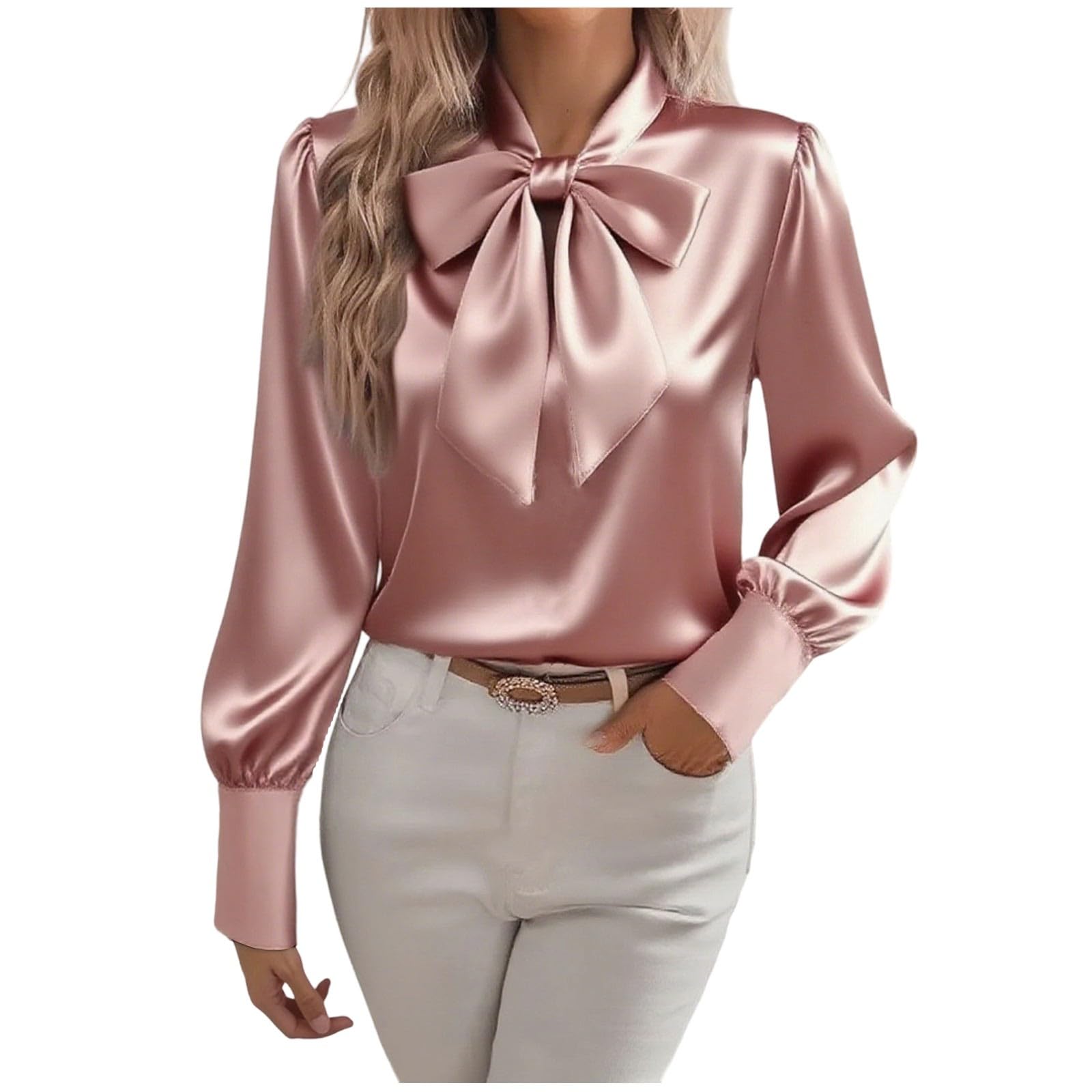 Women's Bow Tie Neck Silk Blouse Long Sleeve Elegant Dressy Shirts with Tie Casual Office Work Blouse Tops