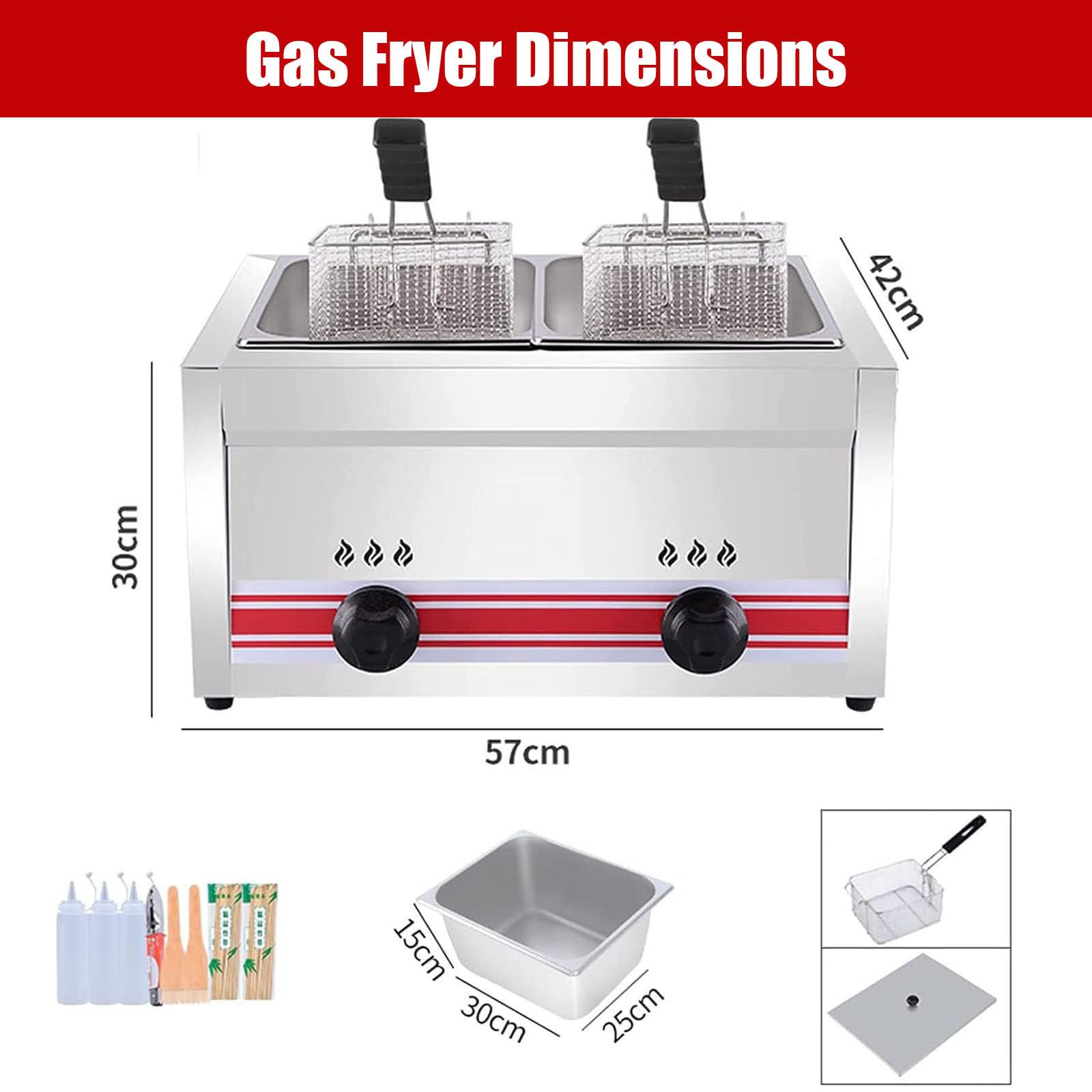 Freidora de Gas Profesional de Acero Inoxidable Comercial,con Cestas Y Tapas,Potencia de Fuego Ajustable Y Control de Temperatura,para Encimera de Restaurante Comercial MáQuina (10l+10l)