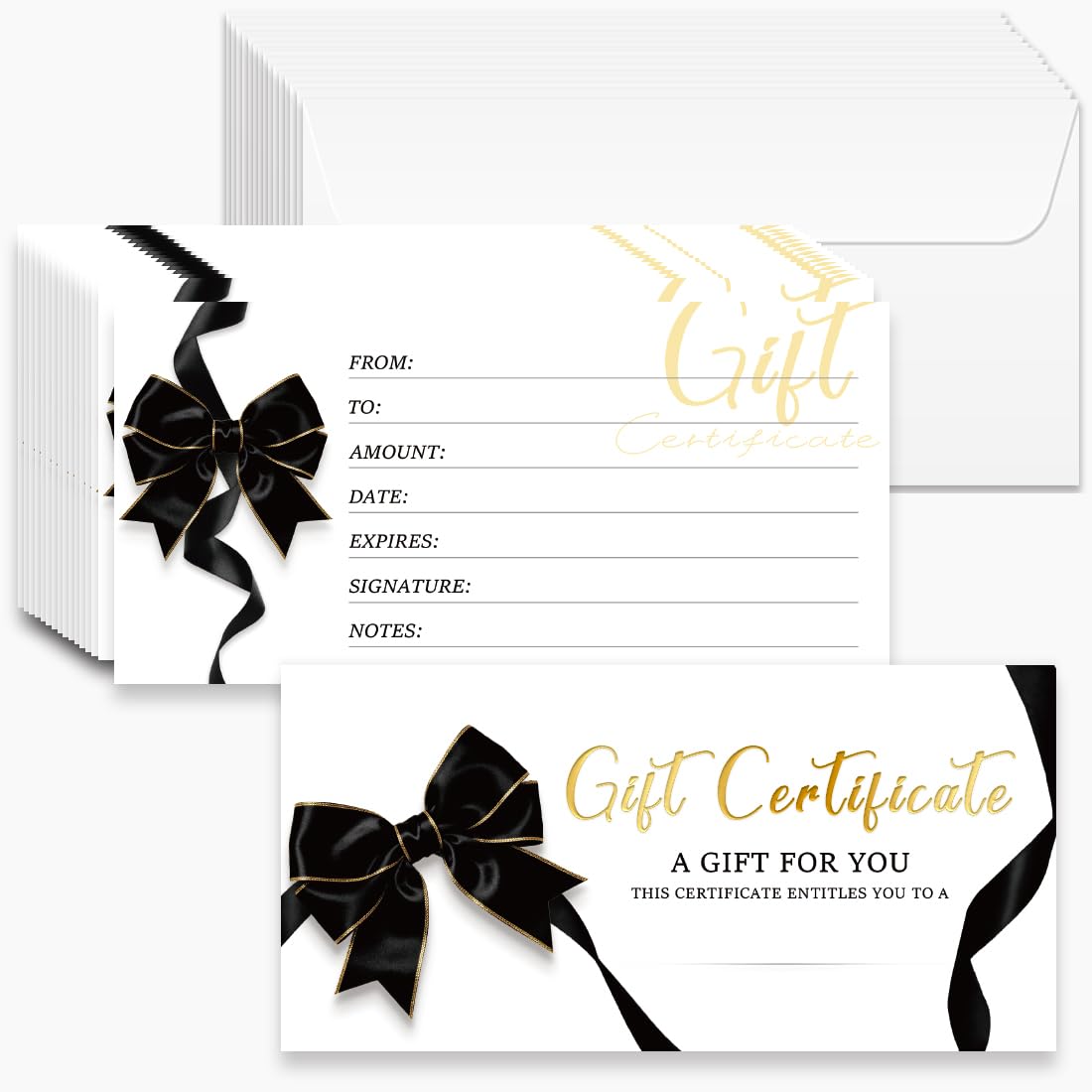 Doodlream 40Pcs Blank Gift Certificates Black Gold Bow 8.5×17cm
