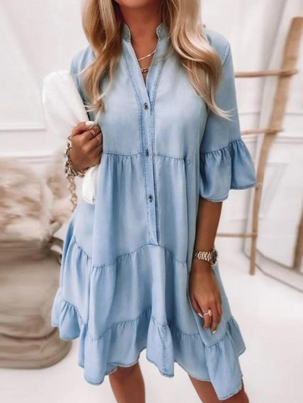 Damen Kleider Sommer,Damen-Jeanskleid Im Vintage-Stil Gewaschen Hellblau Rüschen Halbe Ärmel Reverskleid Lässig Locker Hemdblusenkleid Mit Knopfleiste Sommer-A-Linie Gestuft Fließendes Jeansklei