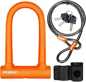 Trava de bicicleta – Trava em U para bicicleta resistente com cabo de aço de segurança de 1,5 m – Cadeados em U de bicicleta com manilha de 17 mm com chaves e suporte de montagem resistente para