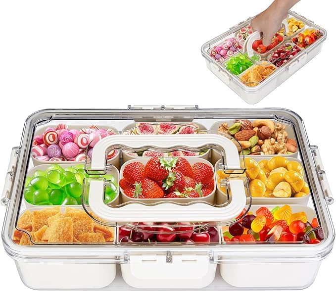 Image of Divided Fridge Storage Boxes With Serving Veggie Tray with Lid and Handle, Fridge Organizer with Removable Compartment, Fridge Storage Containers (9 Compartment-1PCS)