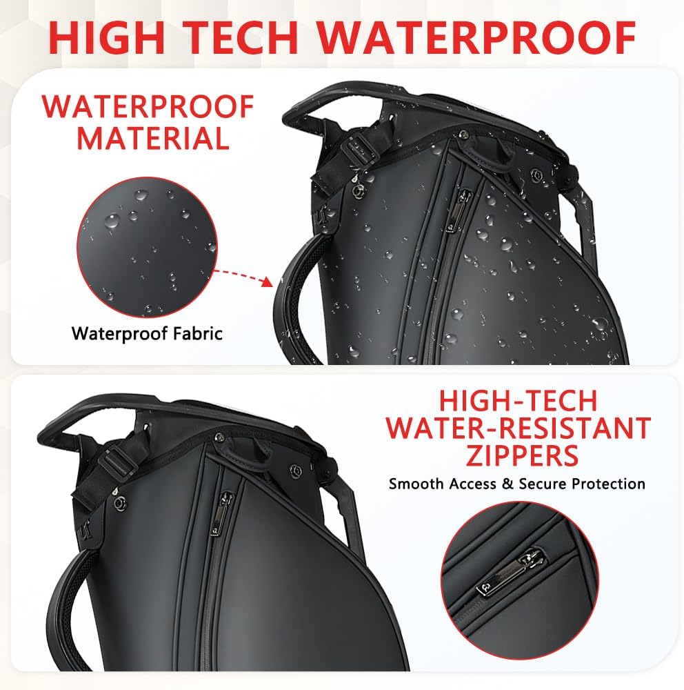 Golf Club Stand Bag PU Leather 5-Way Full Length Top Dividers Waterproof Men Women, Lightweight Multiple 5 Pockets Cooler Pouch Adjustable Detachable Shoulder Dual Straps Rain Cover Hood
