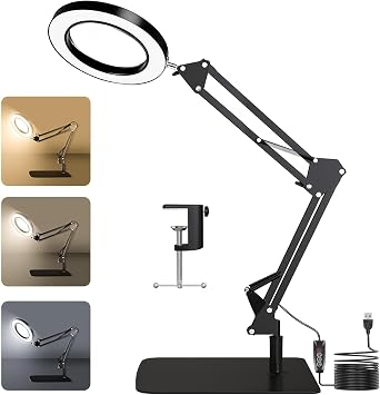 15X Magnifying Glass with Light Real Glass Lens, 72 LEDs, 3 Color Modes Stepless Dimmable, Adjustable Swing Arm with Clamp and Base, Hands-Free Magnifier for Crafts, Reading, Repair, Close Work