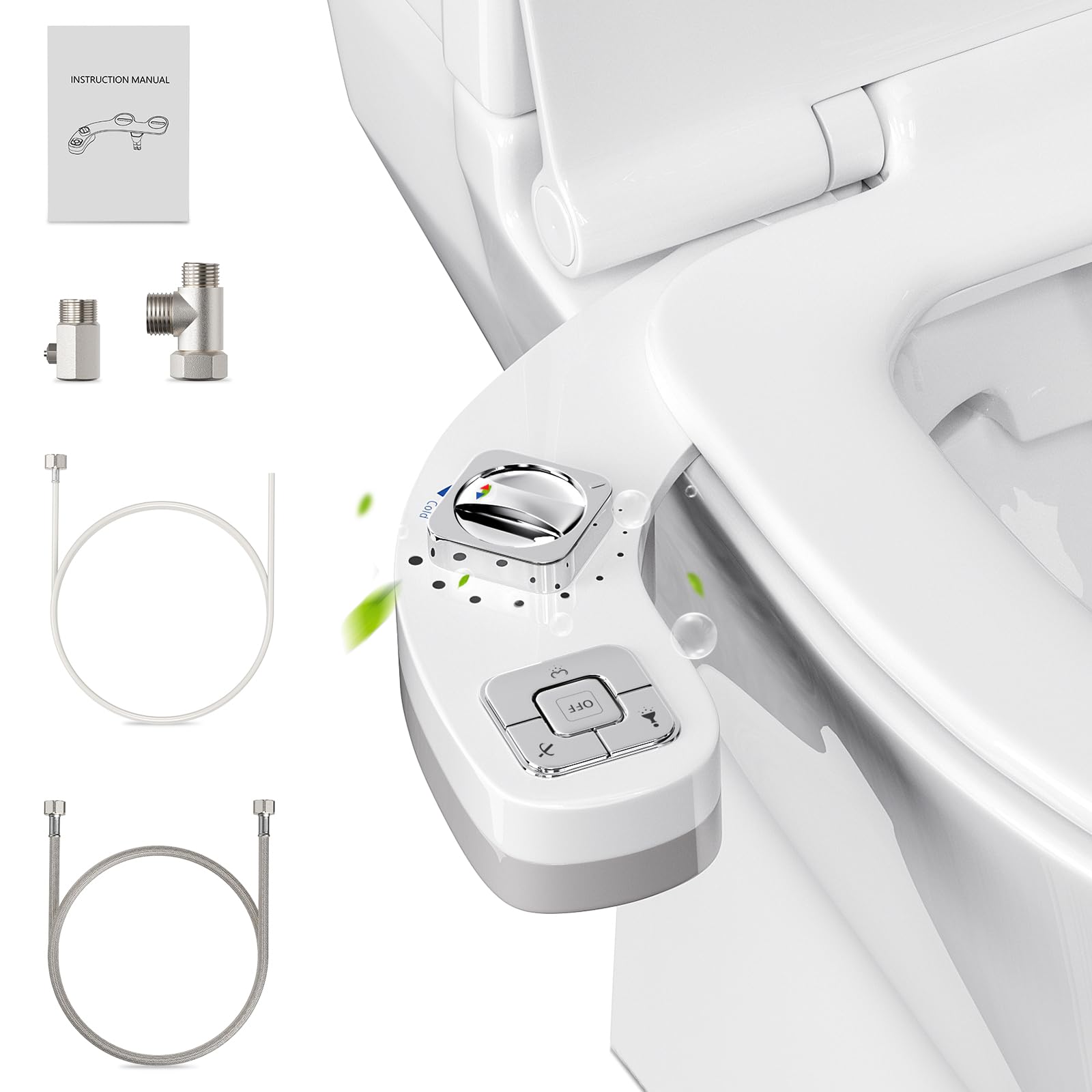 Bidet para WC, Potuem Accesorio No Eléctrico para Bidé con Boquillas Dobles Retráctiles, Presión de Agua Ajustable, Agua Fría y Caliente Bidet Attachment