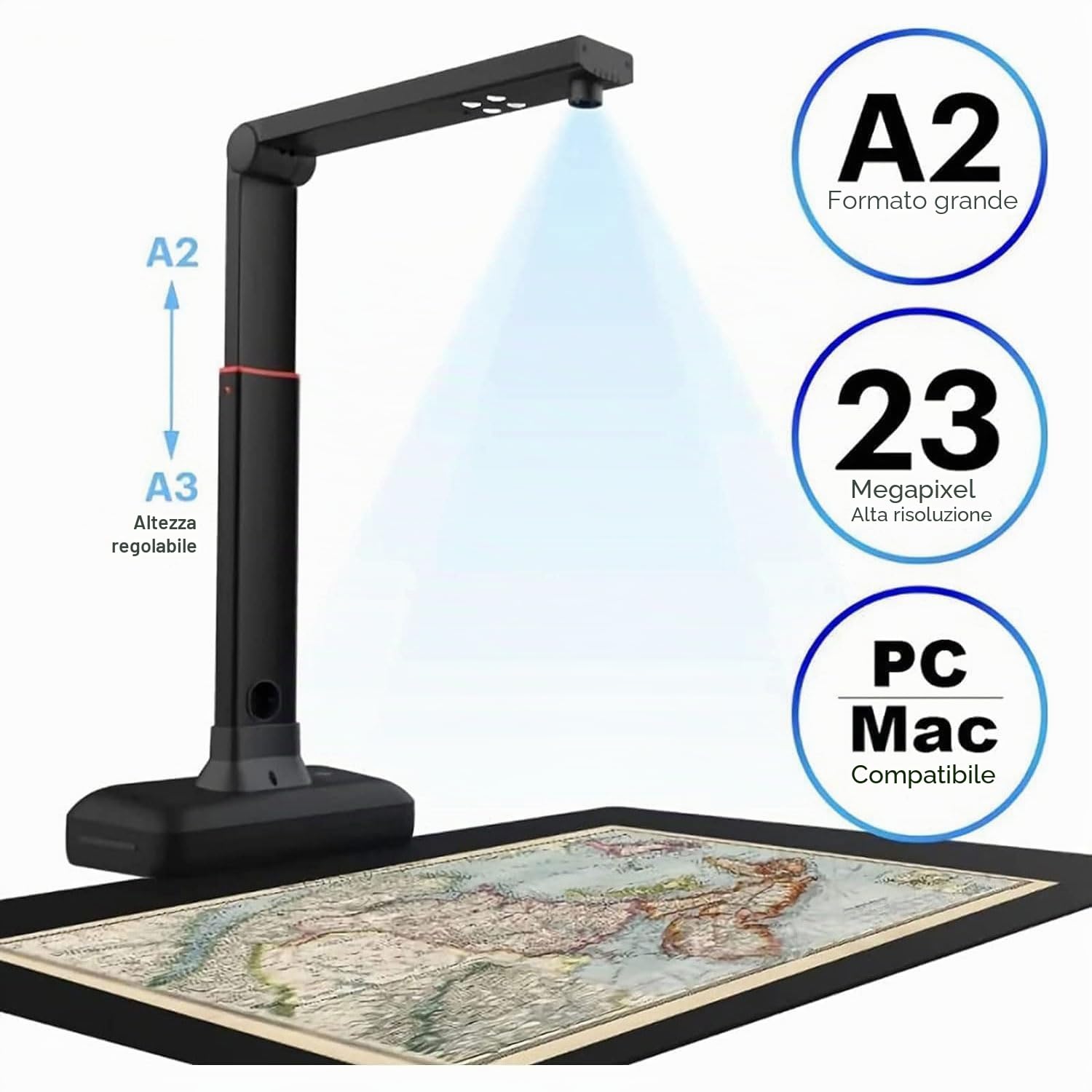 Scanner per libri di grande formato A2, scanner con fotocamera ad altezza regolabile, risoluzione fino a 23 MP, lisciatura e scansione automatica di doppie pagine di libri, riconoscimento testo OCR