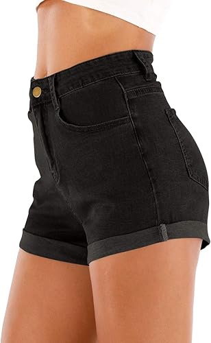 Miniatura 2 de Cuihur Pantalones cortos de mezclilla casuales de verano para mujer, cintura alta, dobladillo plegado, pantalones cortos para jóvenes