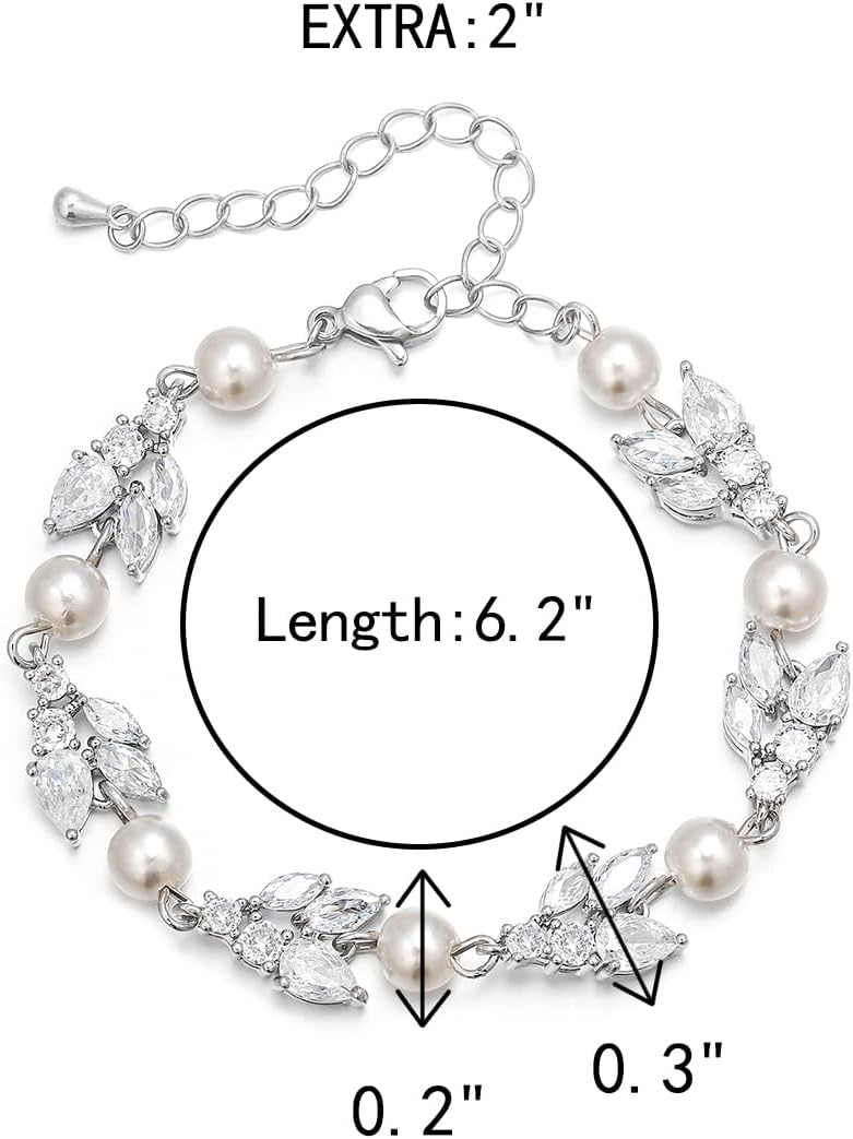 Crysdue Cubic Zirconia Simulated Pearl Bridal Wedding Leaf Filigree Tennis Bracelet for Brides Bridesmaid Birthday Mothers Christmas Valentines Day Jewelry Gifts for Women - Image 6