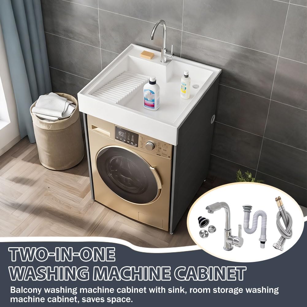 Meuble de machine à laver avec évier, pieds réglables, vani de salle de bain pour balcon et appartement, buanderie, sèche-linge intégré multifonction, design peu encombrant (B 66 x 70 cm)