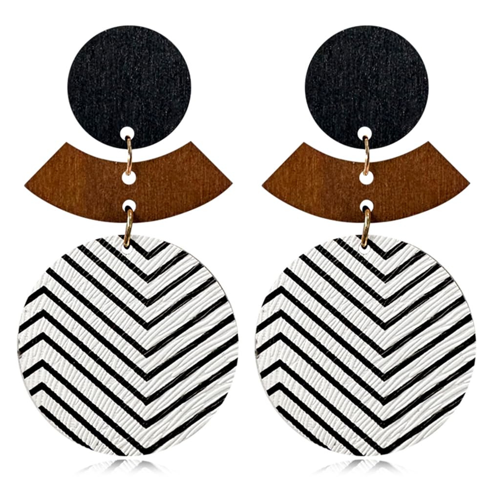 Wooden Earrings Unique Handmade Lightweight Black And White Round Geometry Earrings Vintage Bohemian Round Earrings for Women