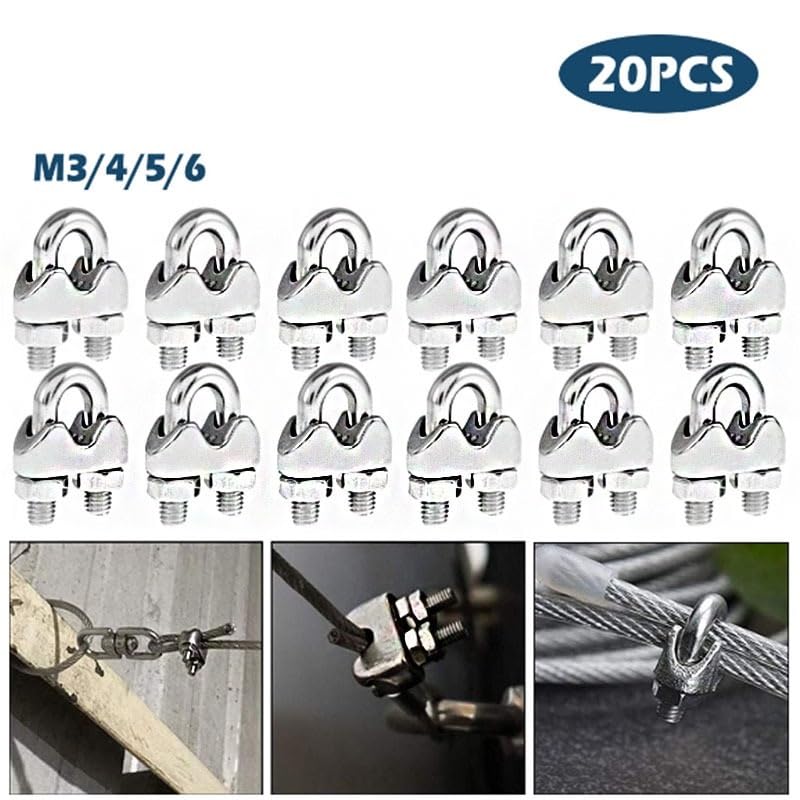 Clips De Cuerda De Cable Abrazadera de cuerda de alambre de 20 piezas, M2-M10, Clip de cuerda de alambre, pernos en U de alambre de acero inoxidable, sillín de Cable antideslizante ( Size : M5-20pcs )