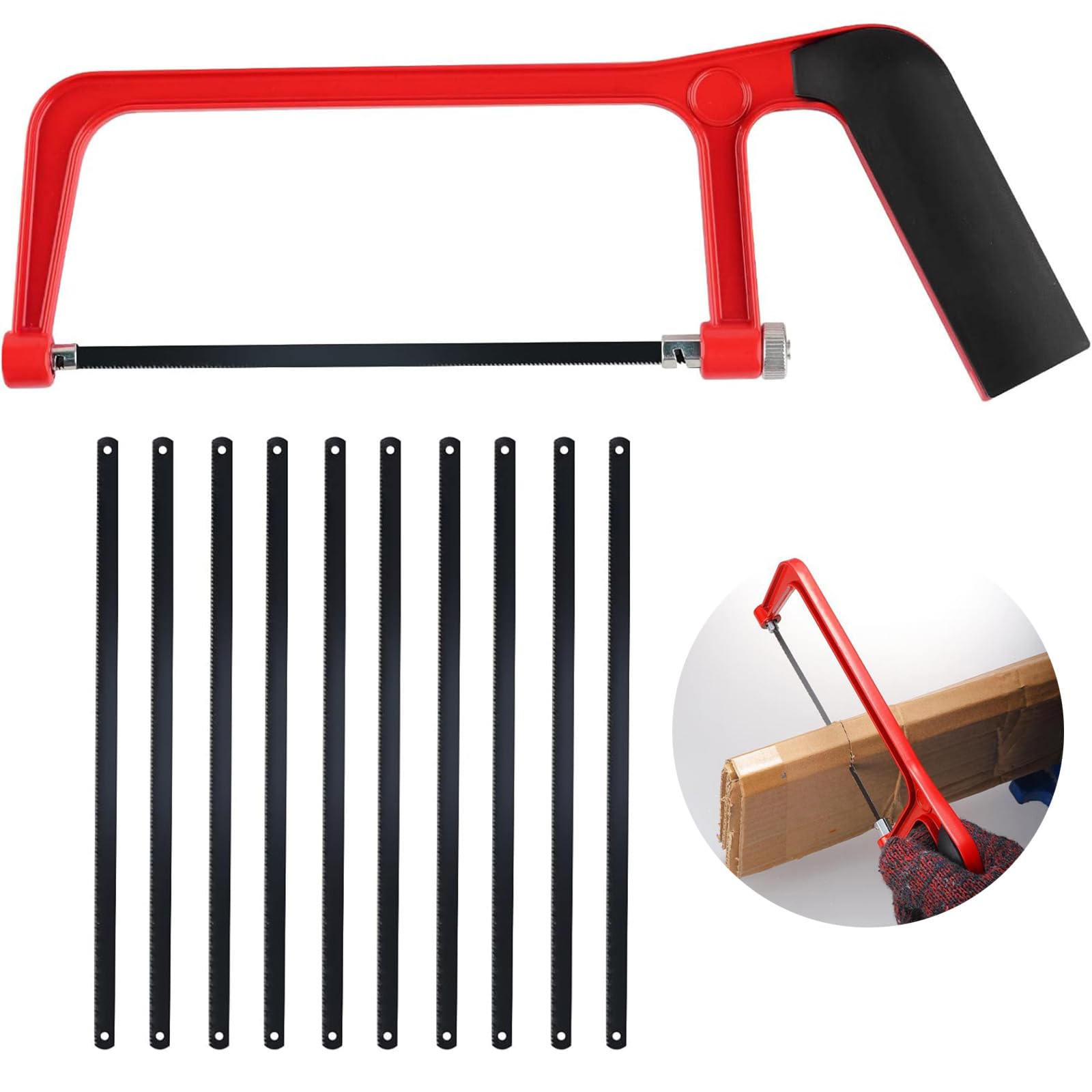 Red Hacksaw for Metal Cutting, Small Craft Saw with Adjustable Angle, Includes 10 Standard Saw Blades