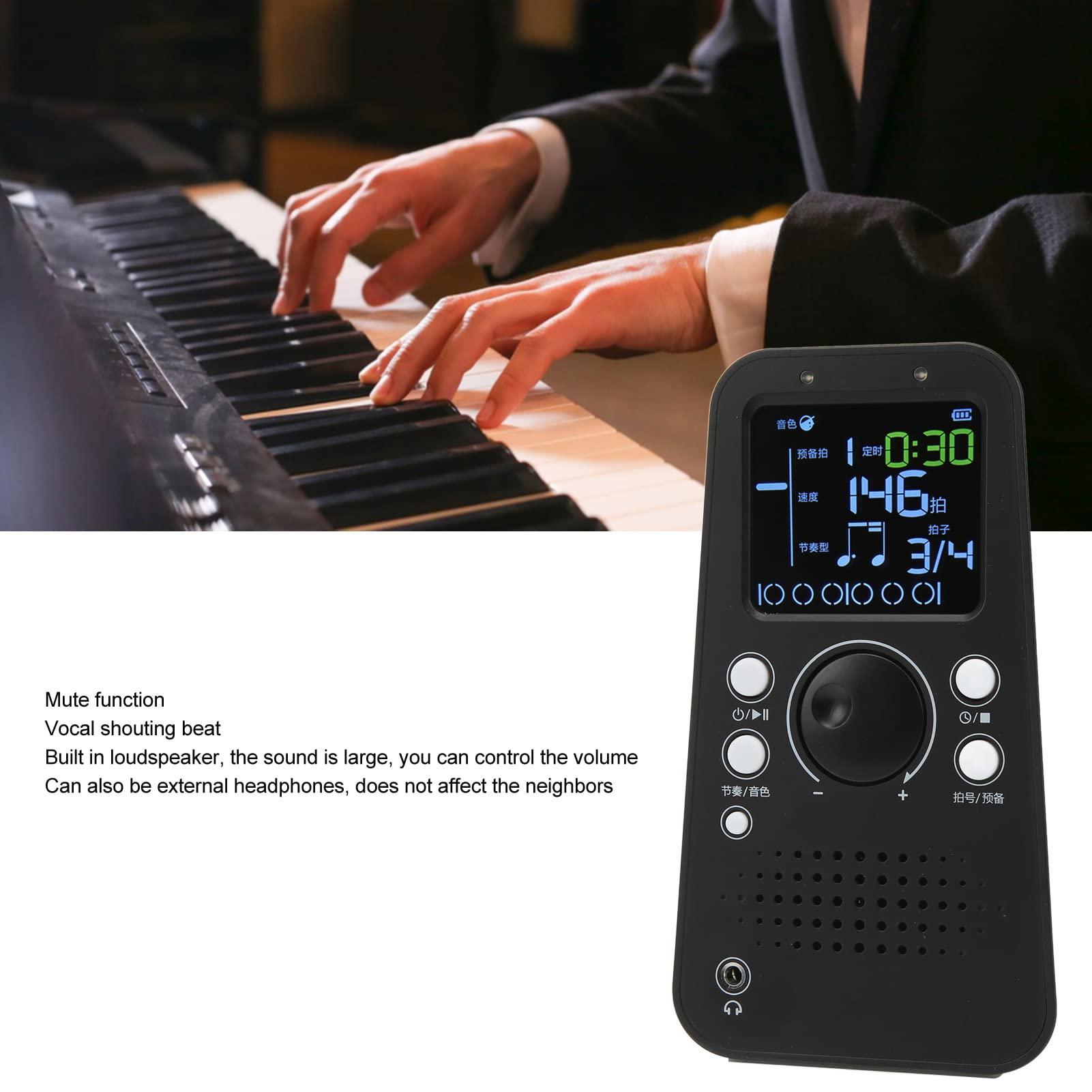 Alomejor Elektronisches Digitales Metronom Universal Smart Bluetooth Metronom für Gitarre Klavier Trommel Violine Instrument Schwarz