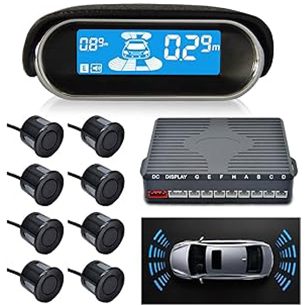 Riloer Cámara de marcha atrás, Kit Aparcamiento con Cámara, Monitor Cámara Trasera, Cámara de visión trasera sin retraso con 8 sondas, impermeable, pantalla LCD de 4.13 x 1.57 pulgadas para caravanas