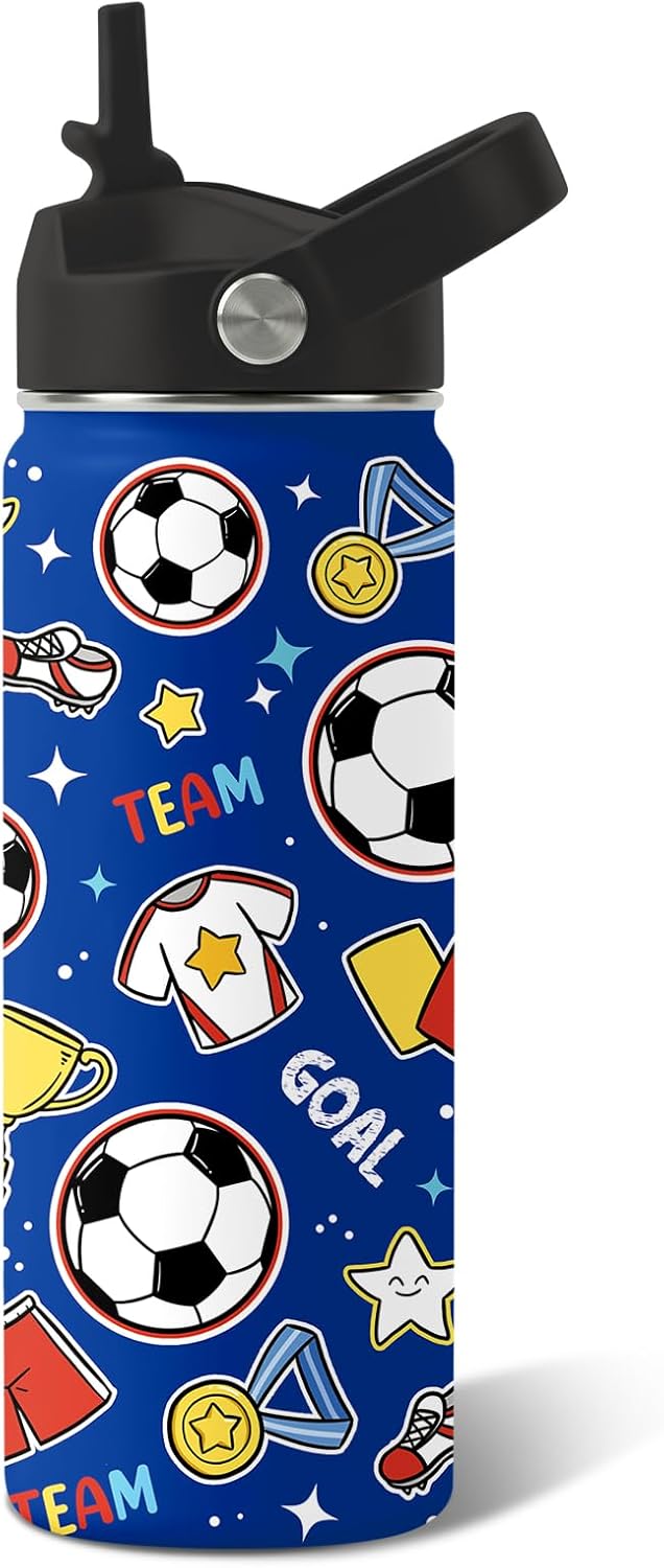 Soccer Gifts for Kids - 18 Oz Kids Water Bottle with Straw Lid, Stainless Steel Insulated Tumbler, Leak Proof, BPA-Free, for Girls, School, Travel - Soccer Lovers Children Birthday Gifts Cups(1pc)
