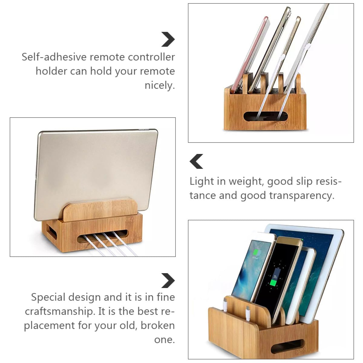 Lurrose Stazione di Ricarica Multi-dispositivo in Legno con Coperchio Rimovibile, Supporto da Tavolo per Telefono e Tablet, Organizzatore di Cavi USB per Uso Domestico e Ufficio