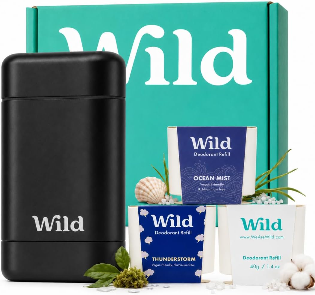 Aluminium Free Natural Deodorant Starter Kit - Refillable Black Case - Natural Ingredients & 24 Hour Odour Protection - Women & Men's - Fresh Clean Scents Variety Pack - Case + 3 Refills