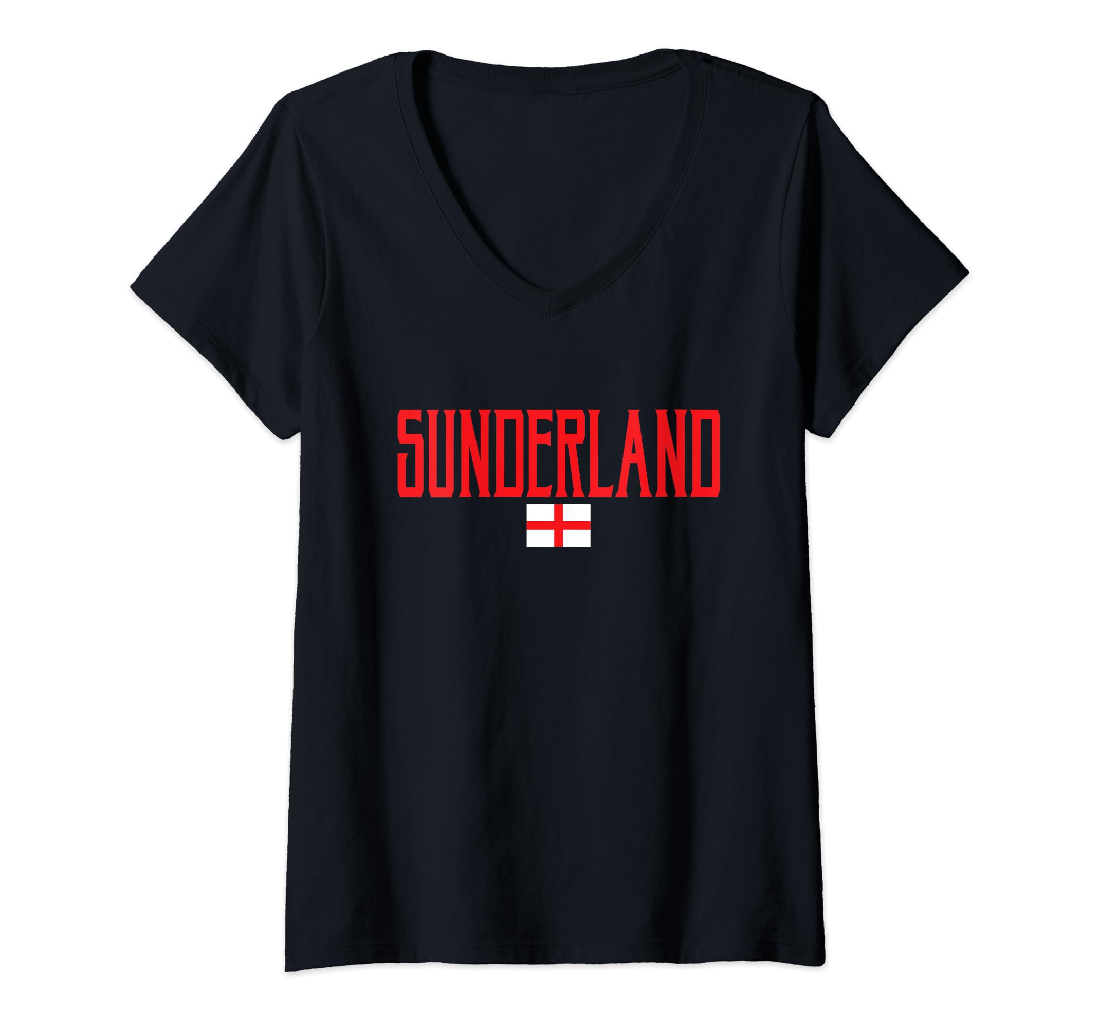Womens Sunderland England Flag and Red Text V-Neck T-Shirt, Black