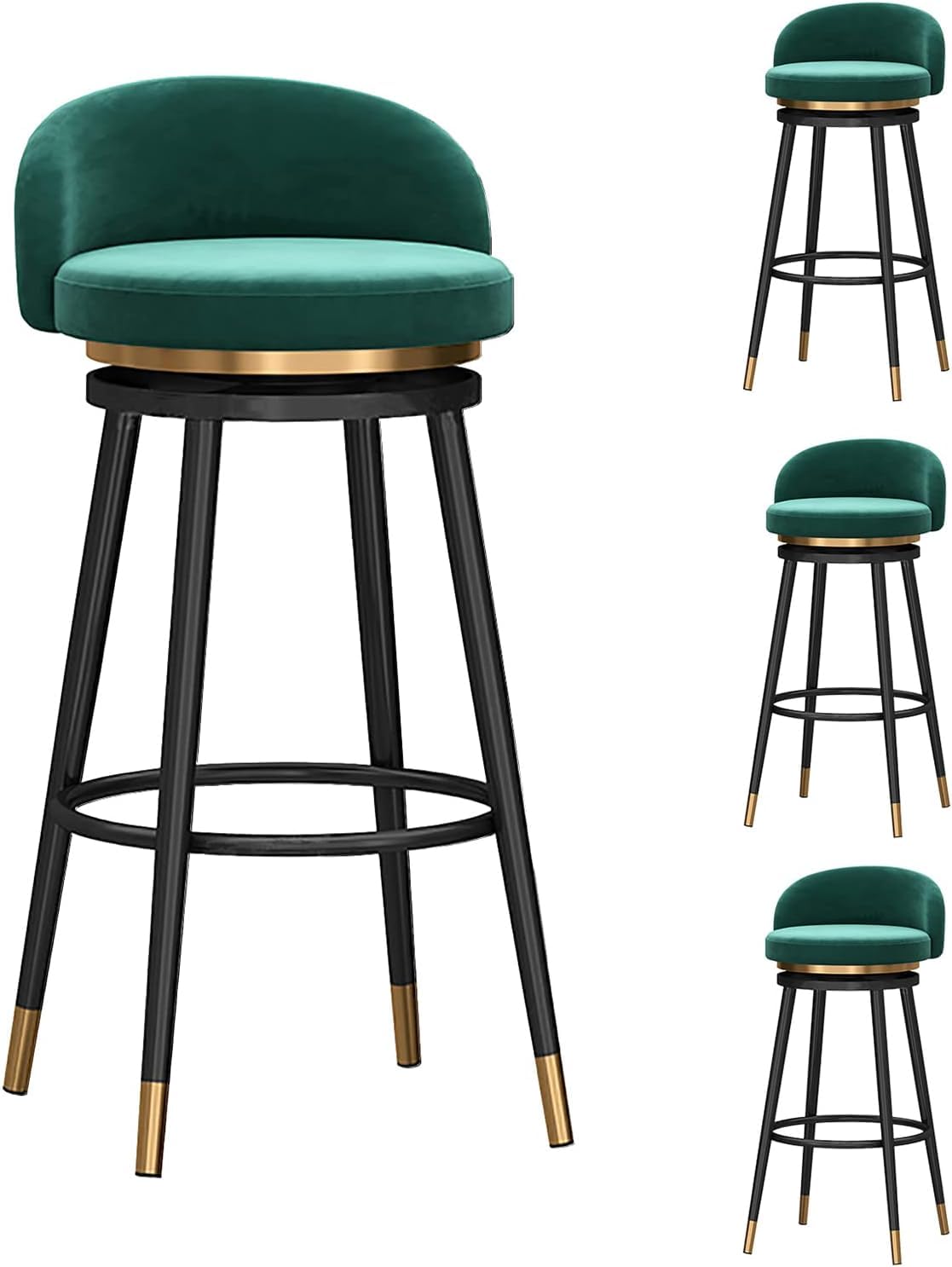 AYCDL Modern Velvet Bar Stool Set of 4 with Backs Footrest and Counter Height Options Stylish Kitchen Breakfast Bar Stools,Green-Seat height 65cm