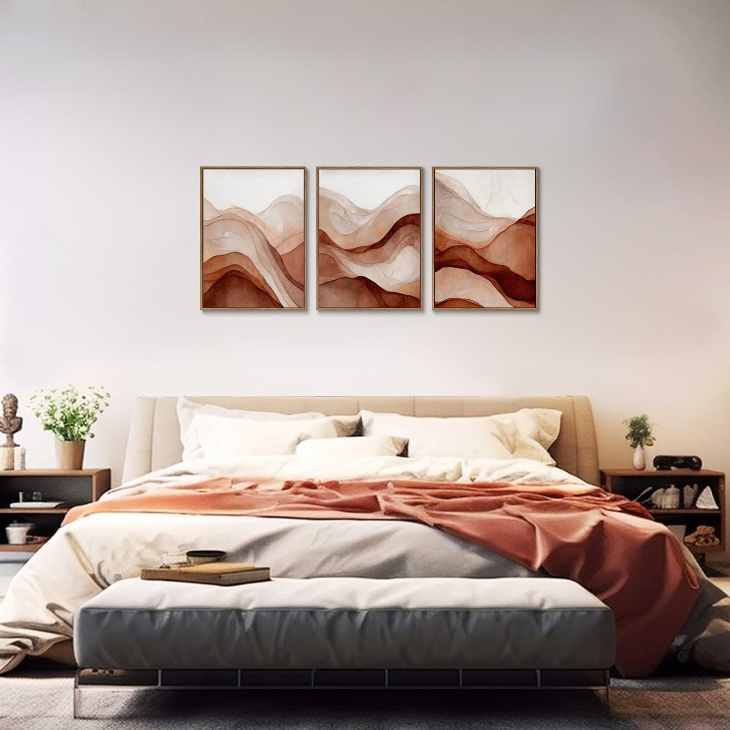 myusuar 3 Piece Large Abstract Framed Wall Art For Living Room, Smoke Texture Ink Warm Brown Terracotta Canvas Wall Art Modern Minimalist Art Prints Wall Décor For Bedroom Office 12x16in