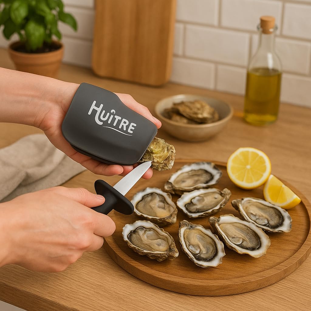 Huitre - Set di coltelli ostriche con tappetino in silicone professionale in acciaio inox con manico protettivo, colore: Grigio
