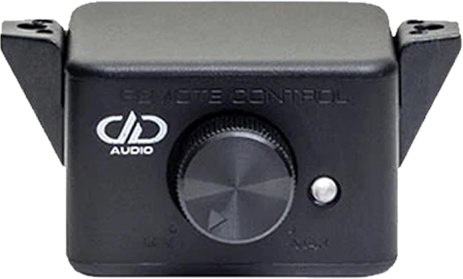 DD Audio remote gain control unit, a small black box with a rotary knob and a power indicator light.