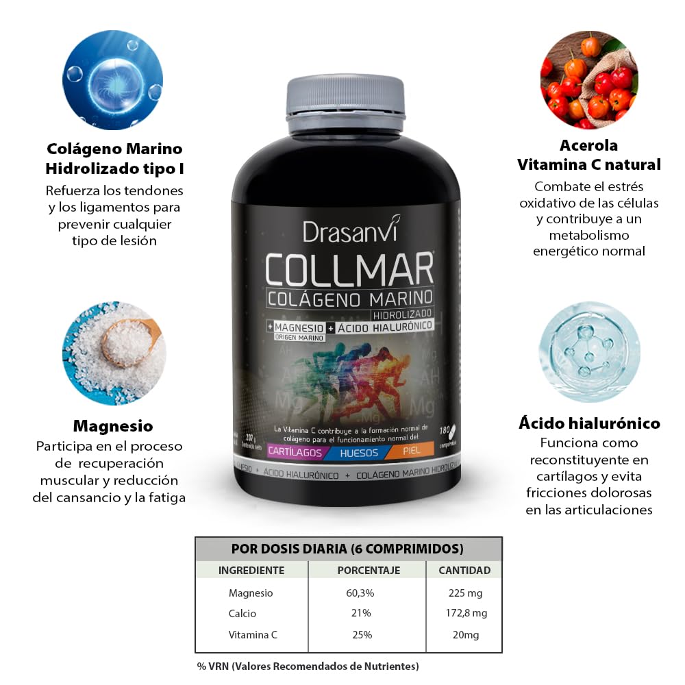 Pack 2 Colágeno Marino Hidrolizado con Magnesio y Ácido Hialurónico + Vitamina C | Soporte para Articulaciones, Huesos y Piel | 360 Comprimidos | Tratamiento 2 Meses | Collmar Drasanvi