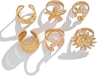 JUNLINTX Gold Seashell Starfish Stackable Rings Set - 18K Plated Adjustable Waterproof Beach Rings for Women Summer Style