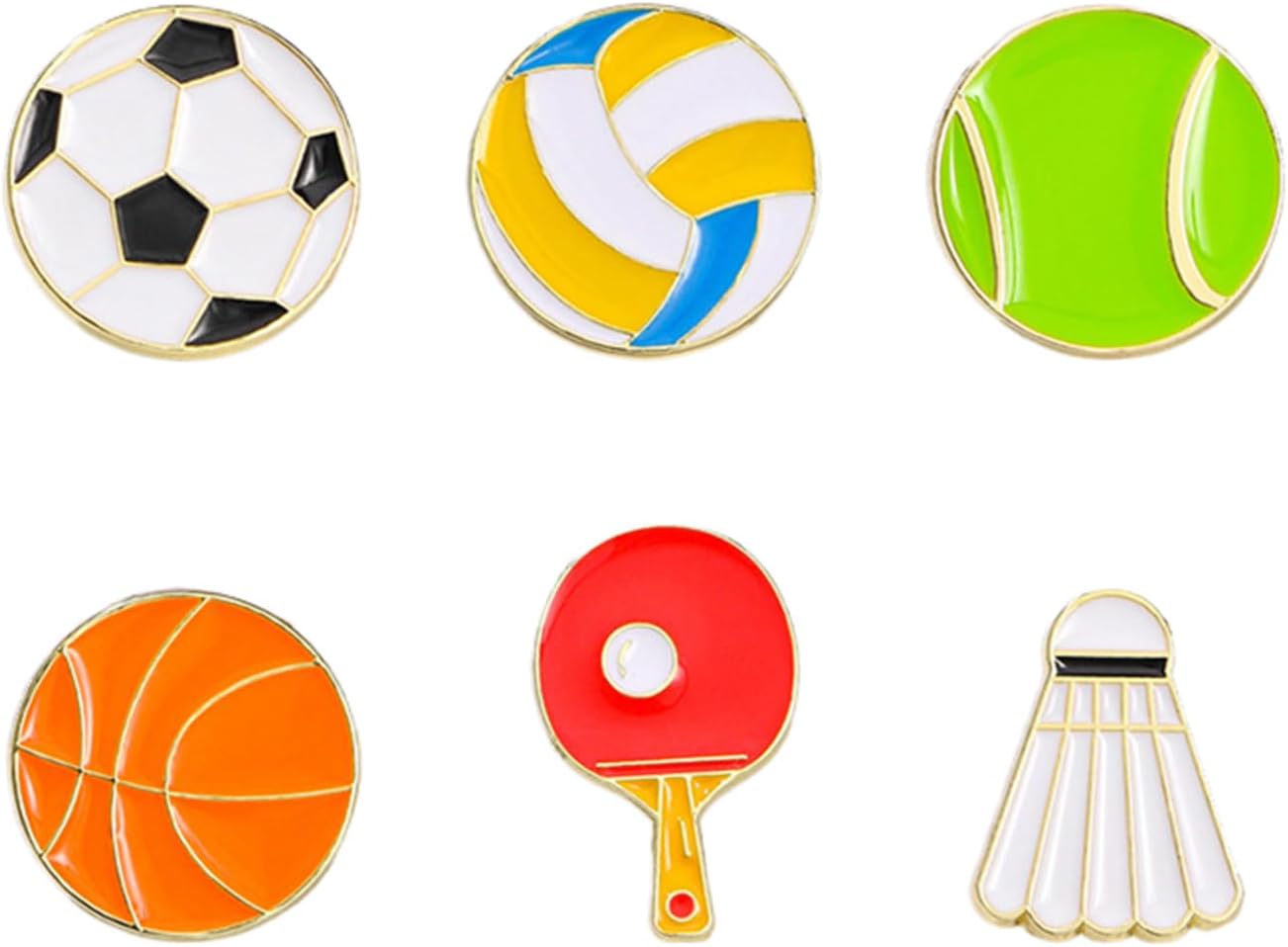 6 Sports Ball Brooch Pin Badges - Assorted Pack of Basketball Football Soccer Baseball Badminton Ping Pong - Enamel Backpack Hat Jacket Pin Badge & Applique Sports Fan Gift Decoration