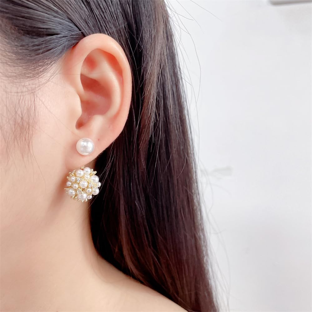 Dainty Pearls Crystal Ball Ear Jacket Earrings For Women Her 14k Gold Plated Cubic Zirconia Fashion Exquisite White Round Pearl Studs Chic Double Sided Front Back Earring Wedding Bride Party Jewelry Gifts