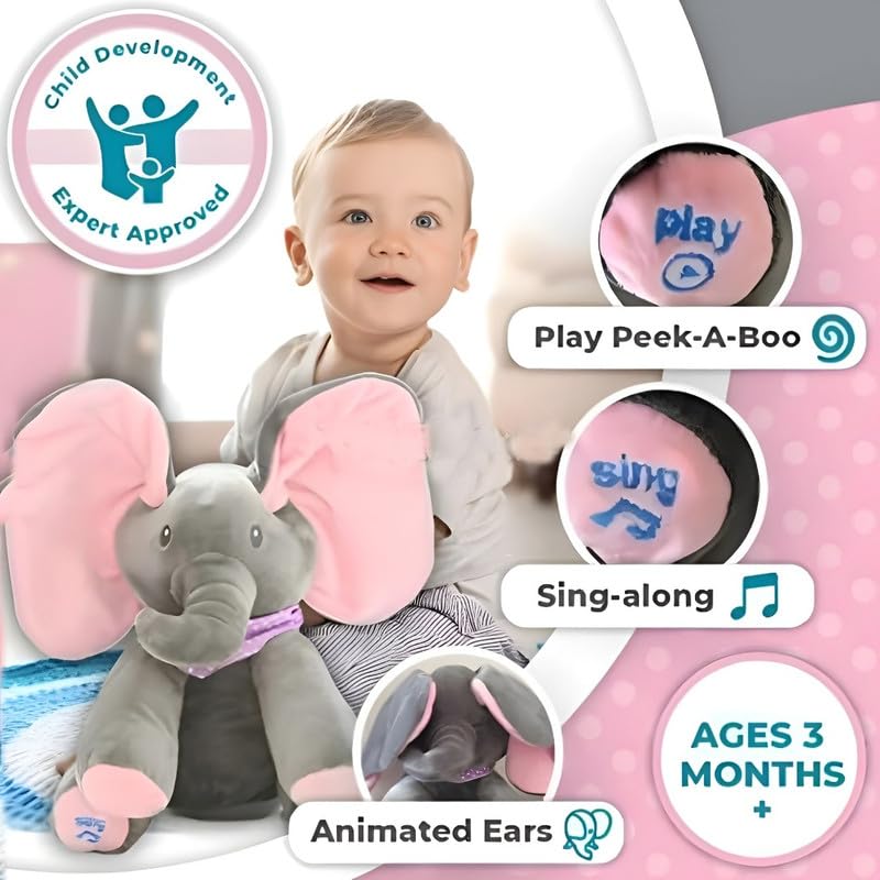 Image of Musical Peek A Boo Elephant Plush Toy with Moving Ears, Interactive Soft Stuffed Animal for Babies, Toddlers & Kids, Cute Nursery Birthday Gift