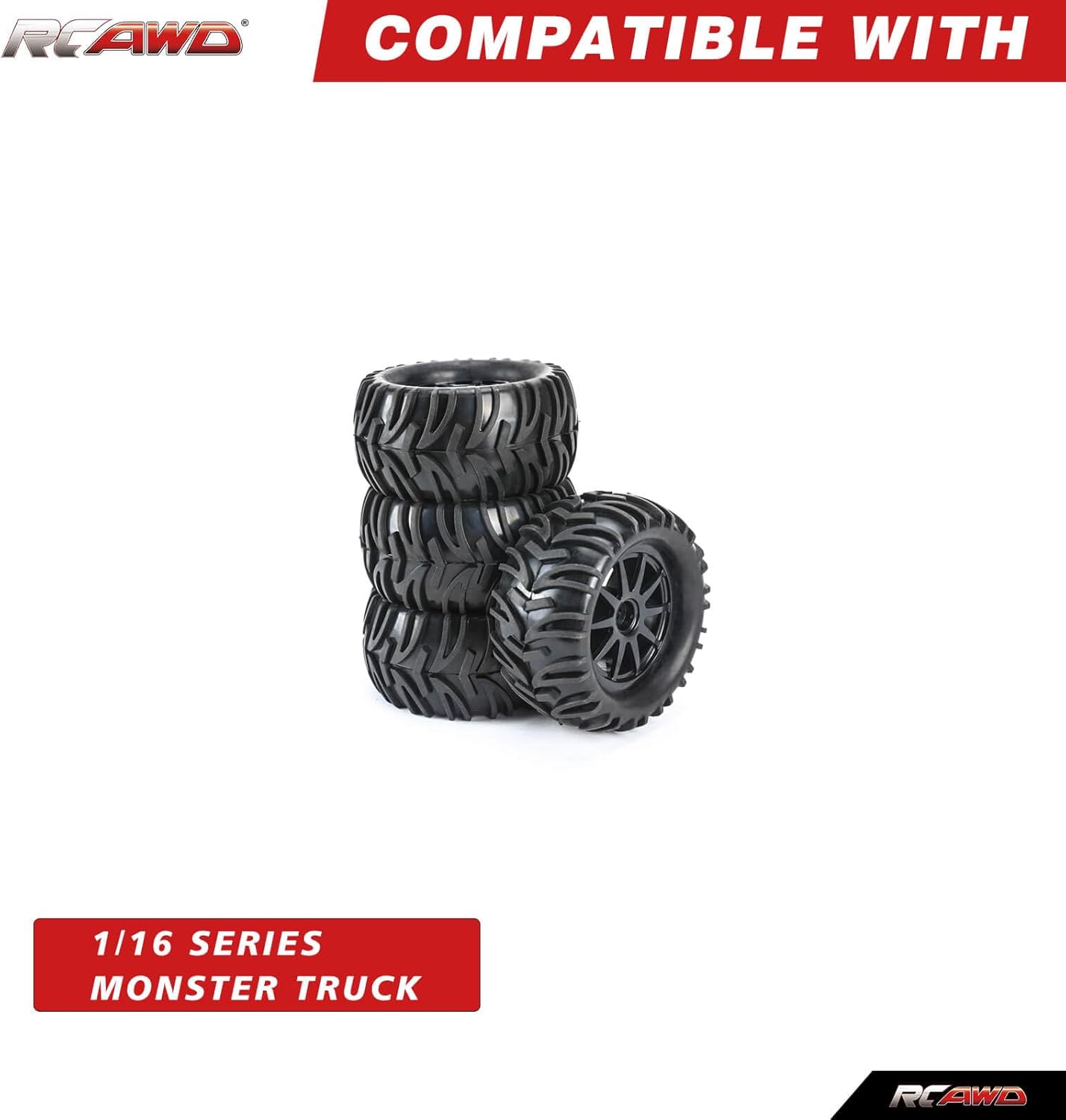 RCAWD Pre-Glued 12mm Hex Adapter Wheel and Tire Set Rubber Nylon Upgrades Parts for 1/16 1/18 Monster Truck with Foam Inserts for Hosim 2845 Scale RC Width 40mm ID 45mm OD 82mm LG-005BL