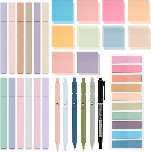 Juego de 38 anotaciones con resaltadores estéticos, bolígrafos de gel, notas adhesivas y pestañas, marcadores de doble punta, bolígrafos de tinta de