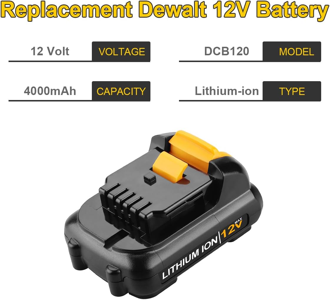 energup 4Pack DCB120 Replacement for Dewalt 12V Max Battery 4Ah, Compatible with DCB120 DCB121 DCB123 DCB122 DCB124 DCB125 DCB127, for 12Volt Dewalt 12V Lithium Batteries