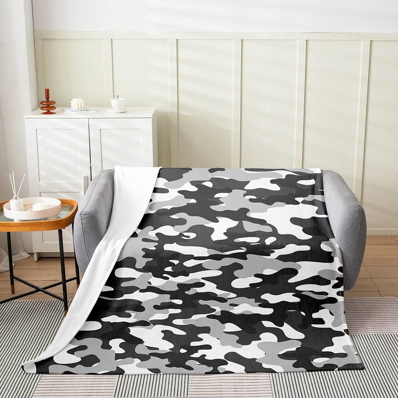 Tarnungs Überwurfdecke Camo Fleece Decke Heer Camo Flanell Decke für Kinder Jungen Mädchen Militärisch Abstrakte Kunst Plüschdecke Leicht Warm Wohnzimmer Wohnheim Dekor Grau Schwarz Weiß,100 x 130